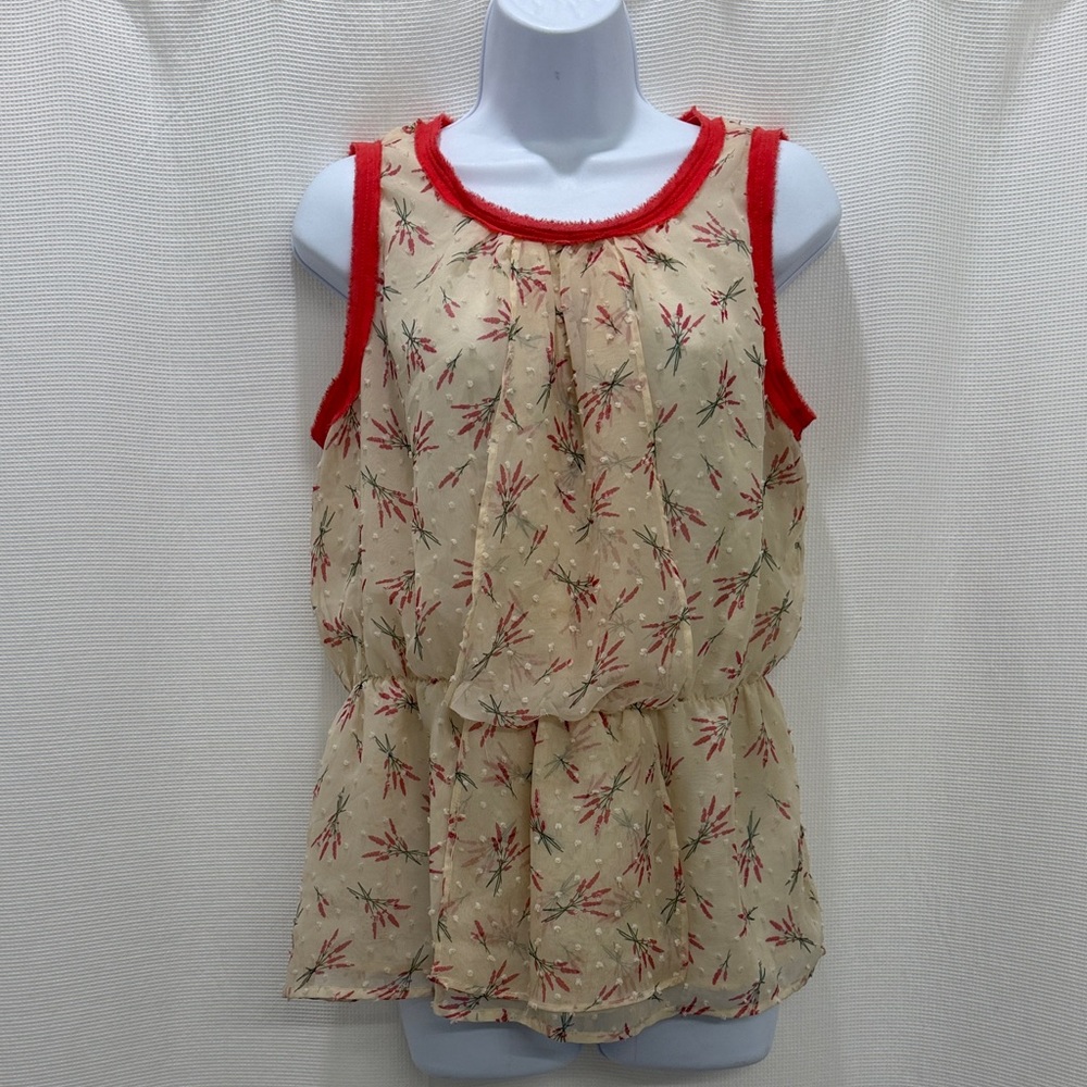 Under Skies Cream Sheer Floral Camisole with Red Trim